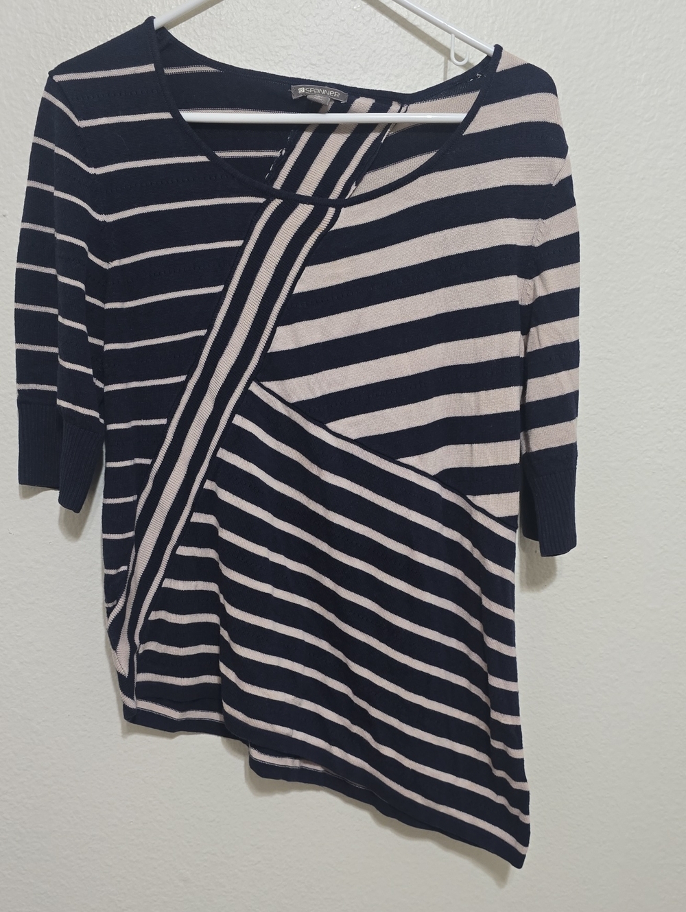 SPANNER Navy & Cream Diagonal-Stripe Asymmetrical Tunic L